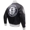 Brooklyn nets script tail full snap satin varsity jacket black 4