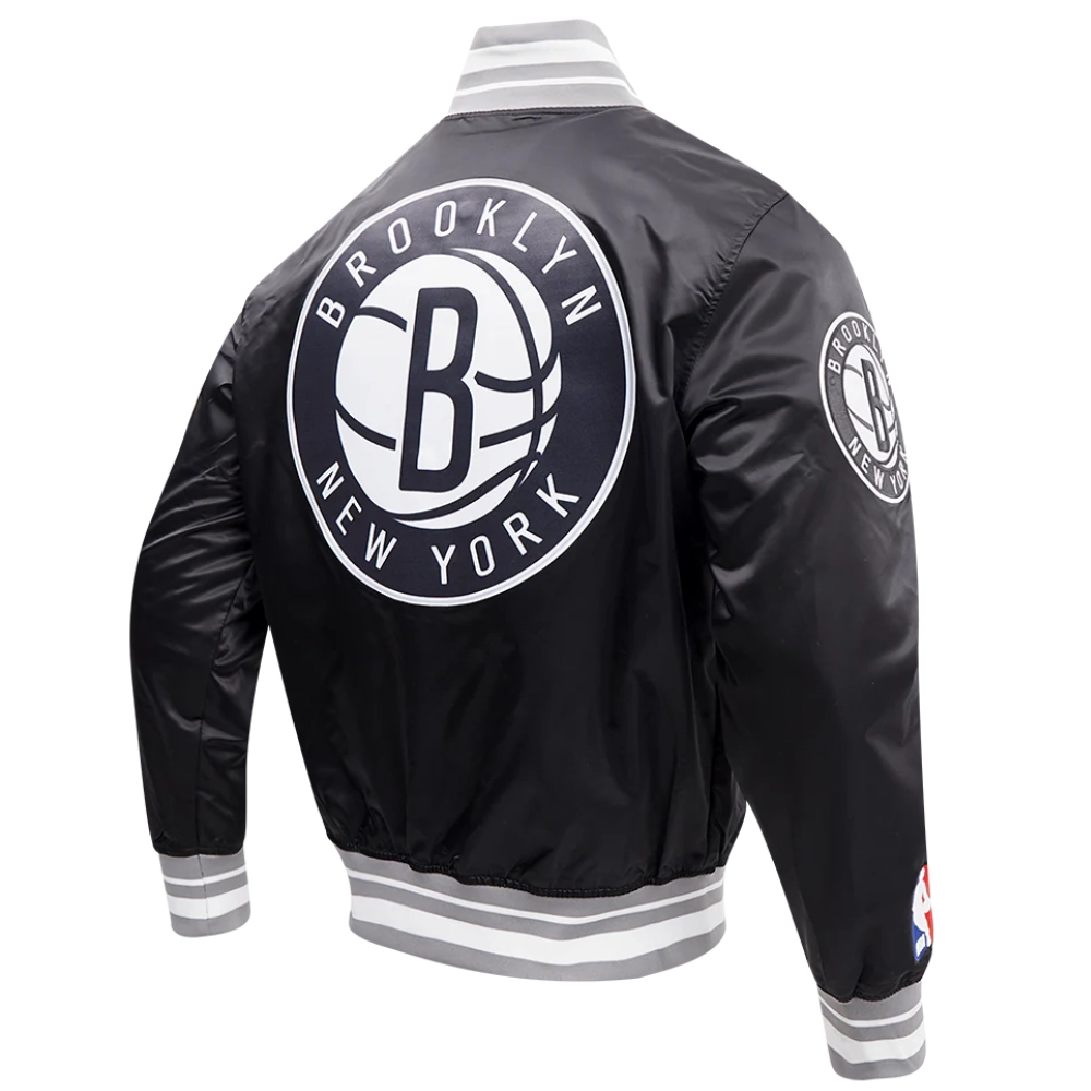 Brooklyn nets script tail full snap satin varsity jacket black 4
