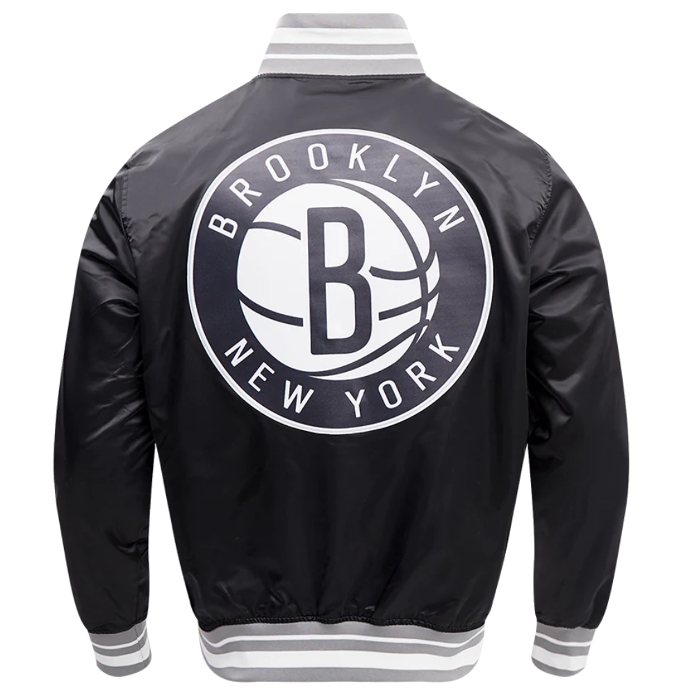 Brooklyn nets script tail full snap satin varsity jacket black 5