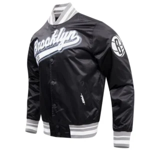 Brooklyn nets script tail full snap satin varsity jacket black 6