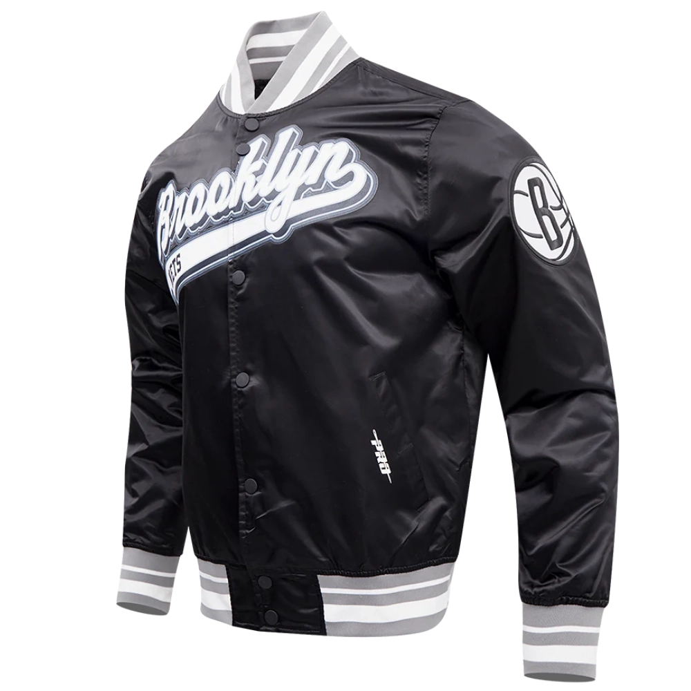 Brooklyn nets script tail full snap satin varsity jacket black 6