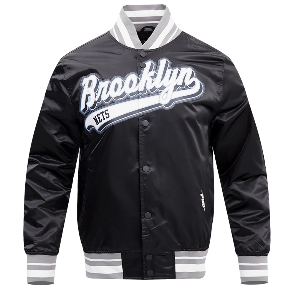 Brooklyn nets script tail full snap satin varsity jacket black 7
