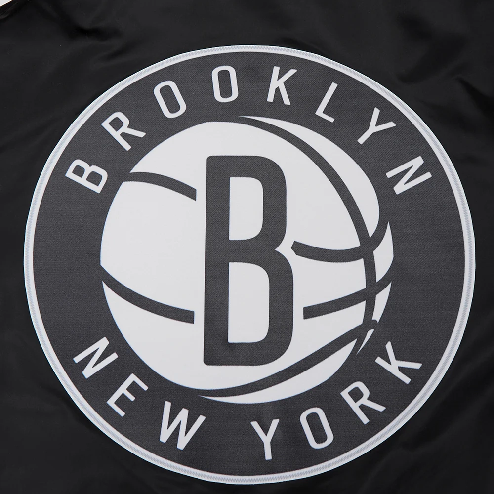 Brooklyn nets script tail full snap satin varsity jacket black