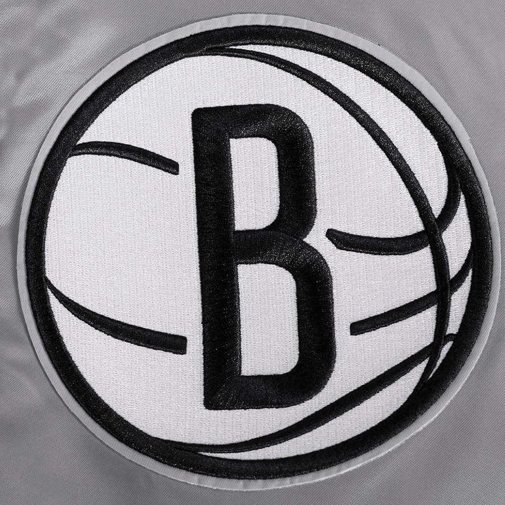Brooklyn nets script tail full snap satin varsity jacket gray 1