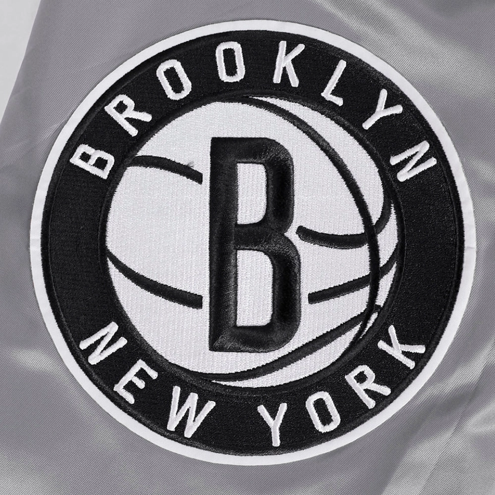 Brooklyn nets script tail full snap satin varsity jacket gray 2
