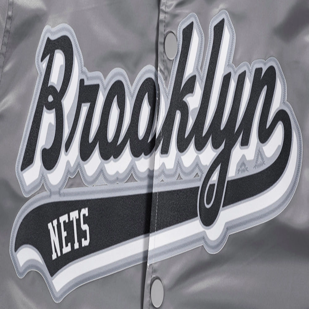 Brooklyn nets script tail full snap satin varsity jacket gray 3
