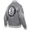 Brooklyn nets script tail full snap satin varsity jacket gray 4