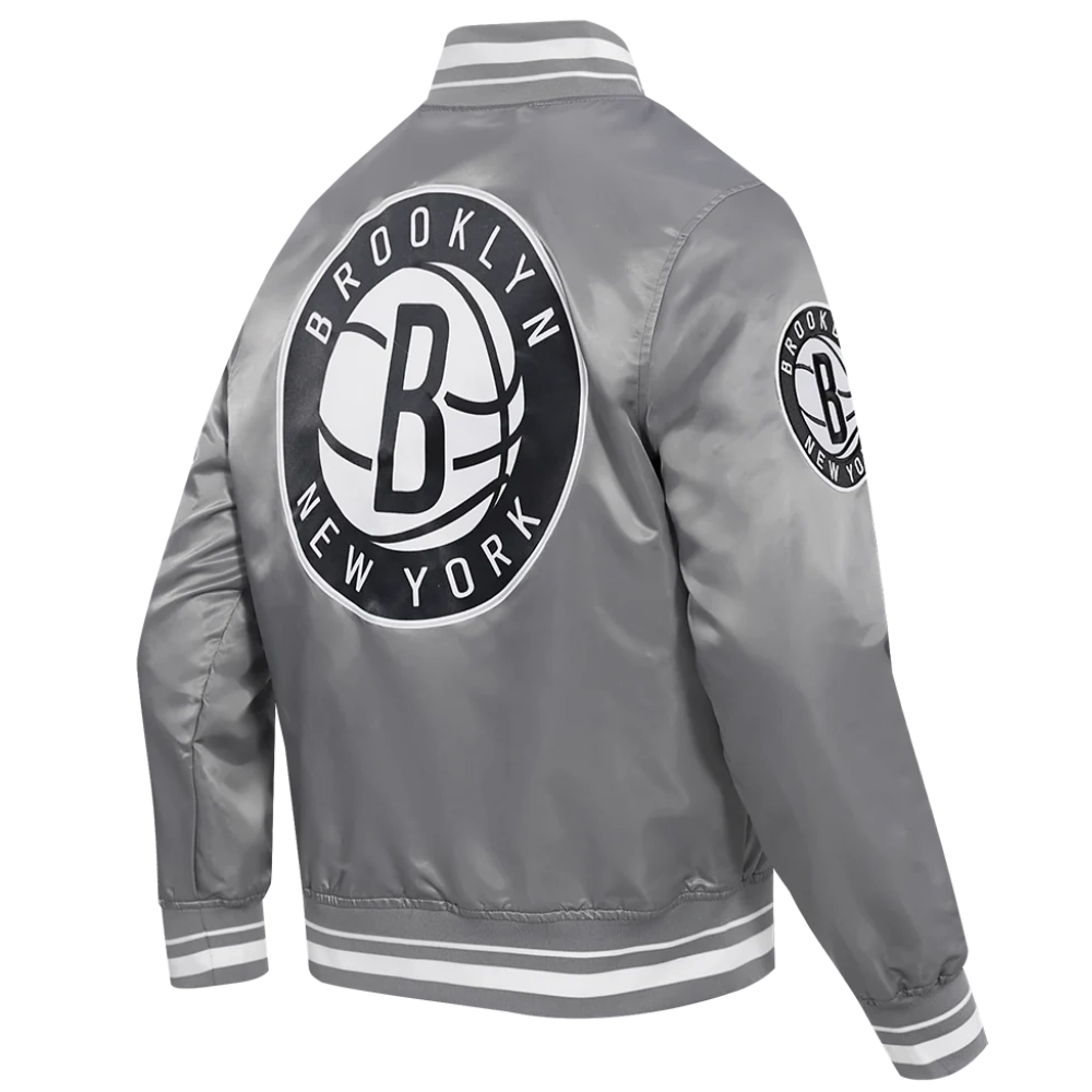 Brooklyn nets script tail full snap satin varsity jacket gray 4