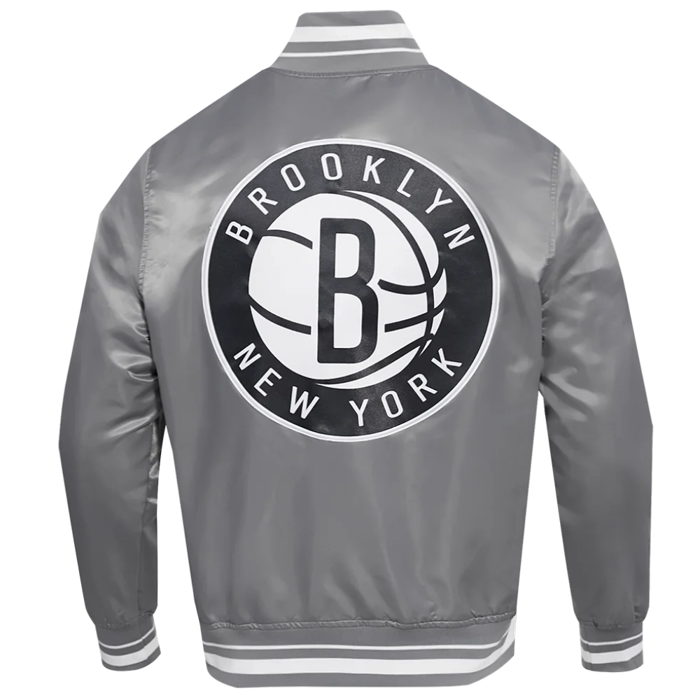 Brooklyn nets script tail full snap satin varsity jacket gray 5
