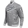 Brooklyn nets script tail full snap satin varsity jacket gray 6