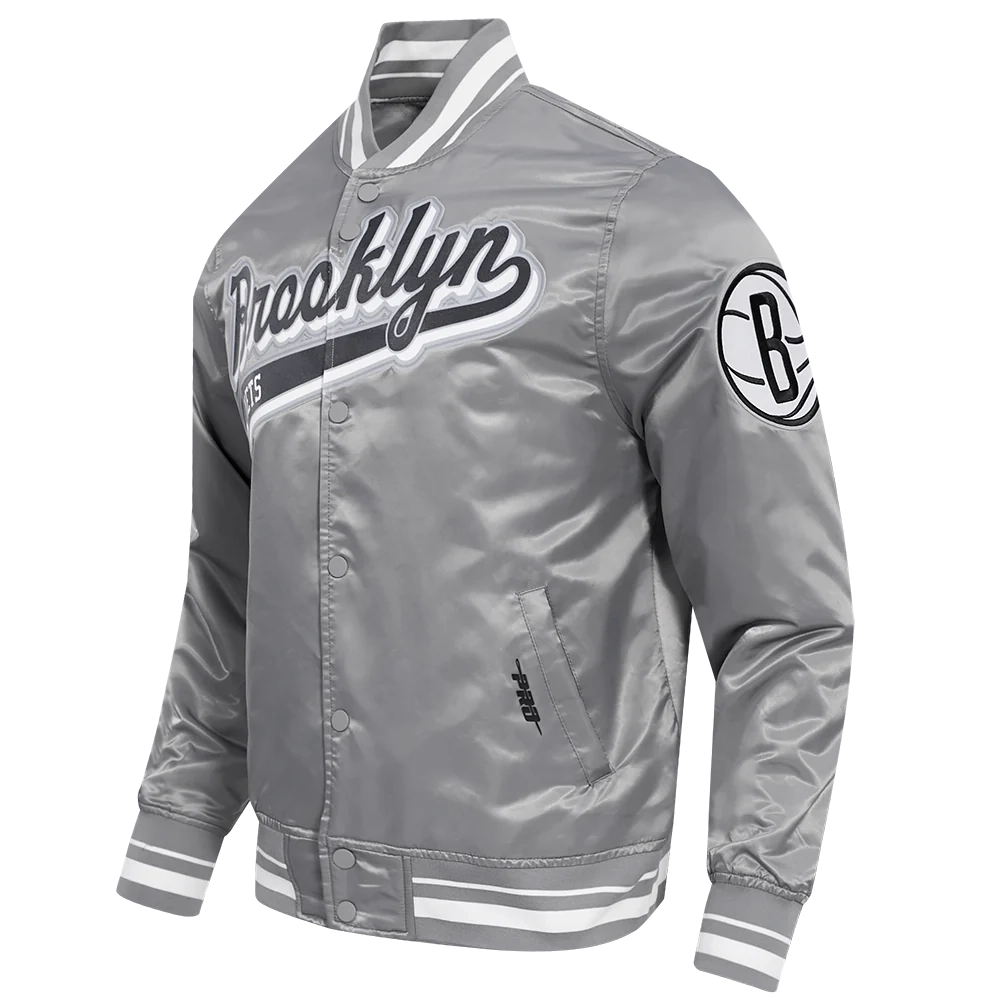Brooklyn nets script tail full snap satin varsity jacket gray 6