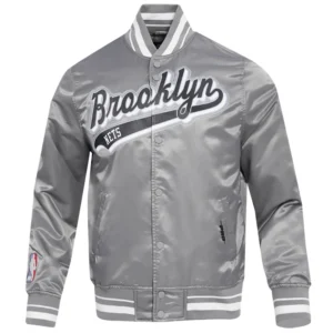 Brooklyn nets script tail full snap satin varsity jacket gray 7