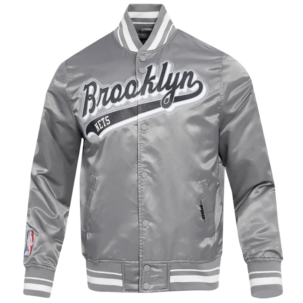 Brooklyn nets script tail full snap satin varsity jacket gray 7