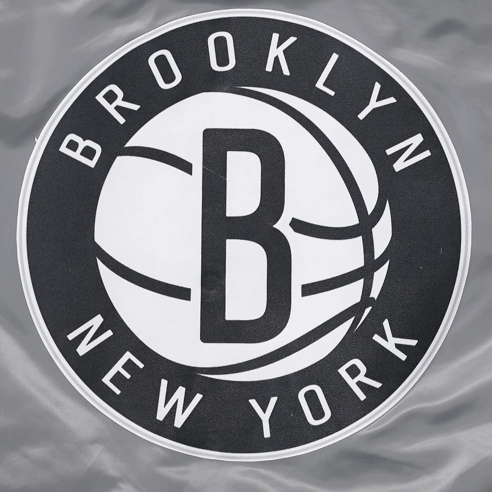 Brooklyn nets script tail full snap satin varsity jacket gray