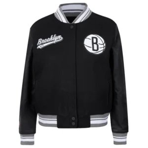 Brooklyn nets script tail womens wool leather varsity jacket black 6