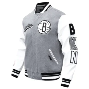 Brooklyn nets script tail wool leather varsity jacket grey white 5