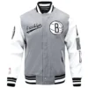 Brooklyn nets script tail wool leather varsity jacket grey white 6
