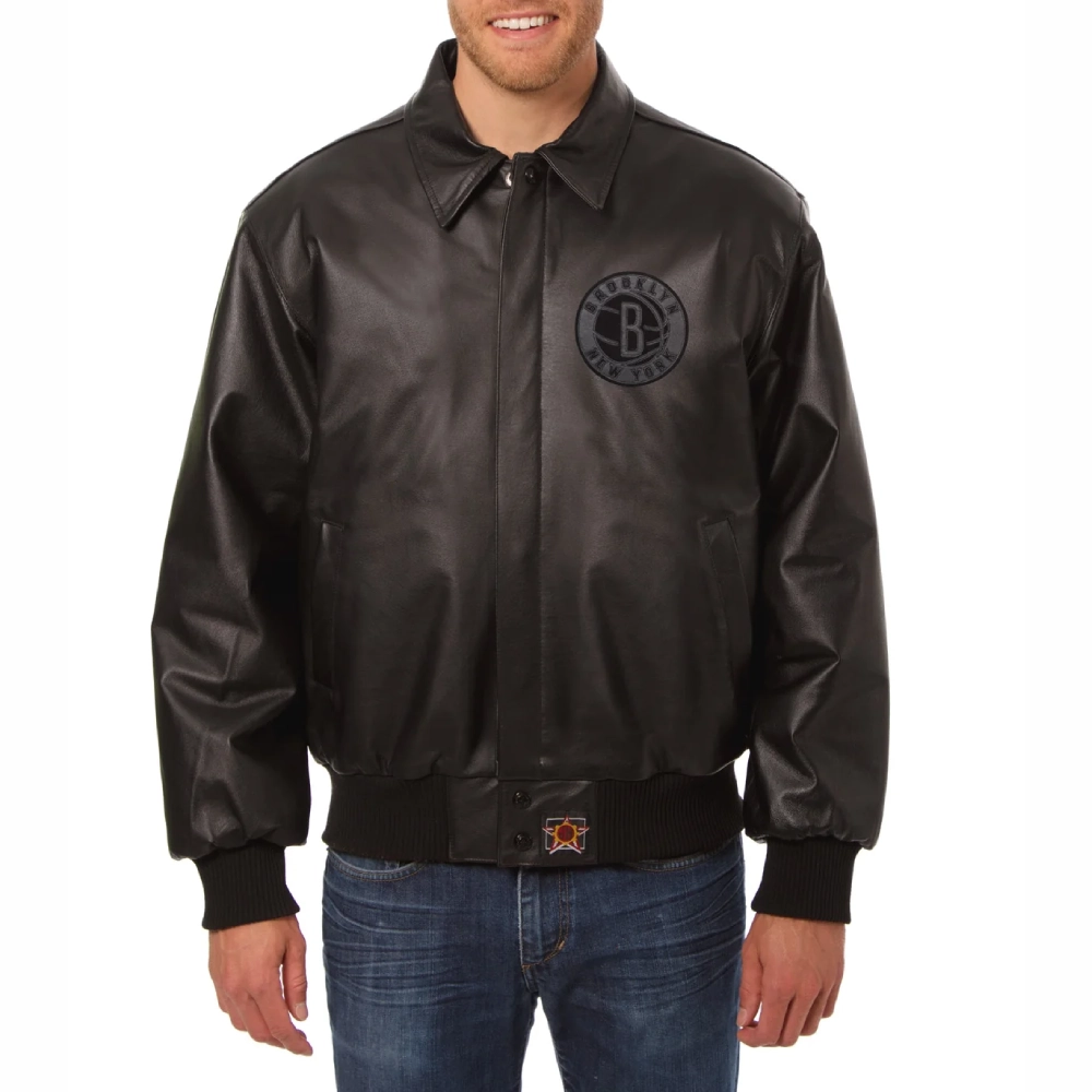 Brooklyn nets tonal full leather bomber jacket black 1