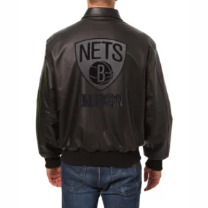 Brooklyn nets tonal full leather bomber jacket black 2