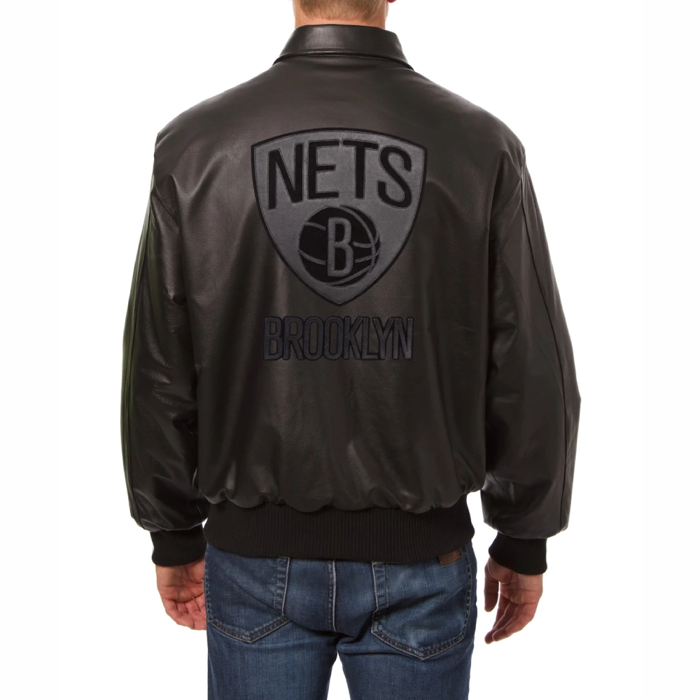 Brooklyn nets tonal full leather bomber jacket black 2
