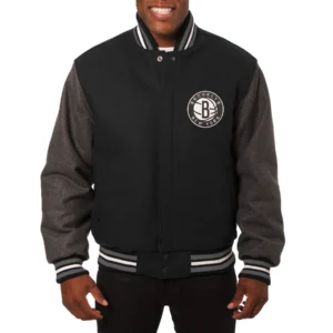 Brooklyn nets two tone wool varsity jacket black grey