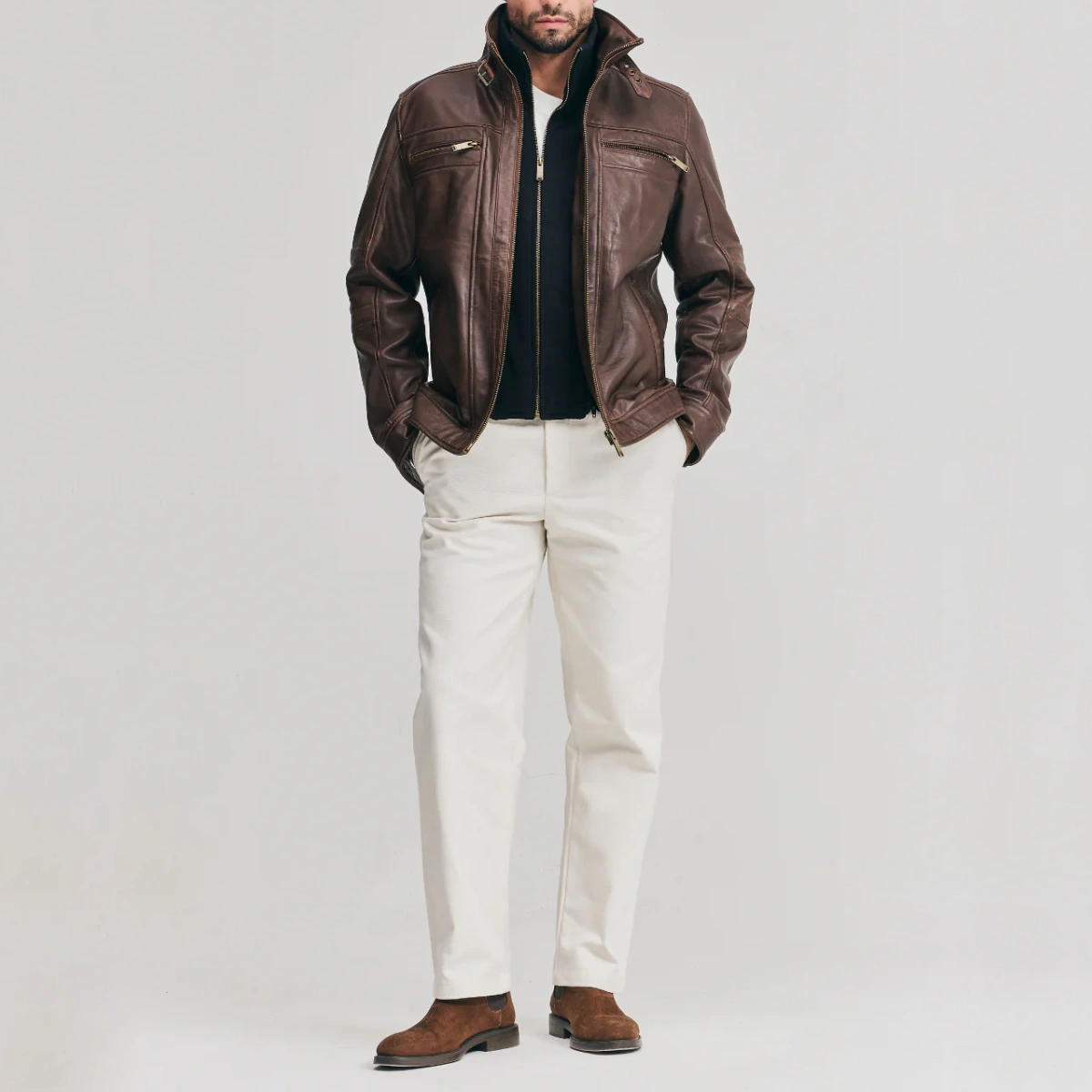 Brown bomber leather jacket detachable storm