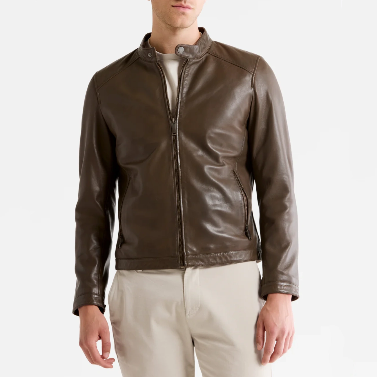 Cafe racer mens khaki leather jacket