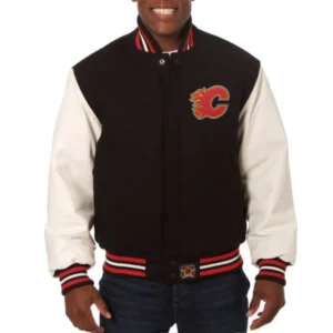 Calgary flames domestic two tone wool and leather jacket black white 1