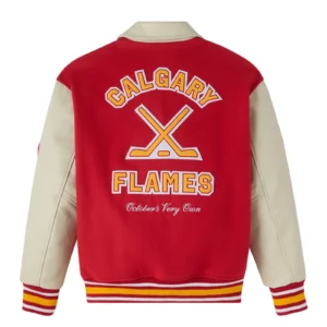 Calgary flames redcream full snap wool leather jacket