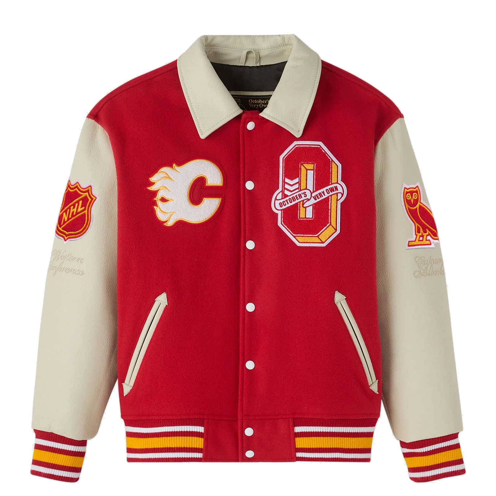 Calgary flames redcream full snap wool leather varsity jacket 1