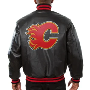 Calgary flames team players full black leather varsity jacket 1 1