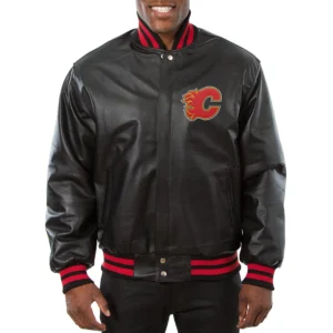 Calgary flames team players full black leather varsity jacket 1