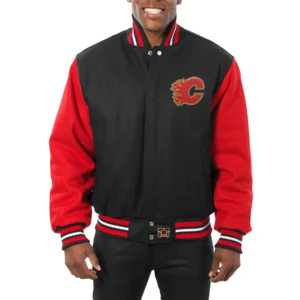Calgary flames two tone wool varsity jacket black red 1