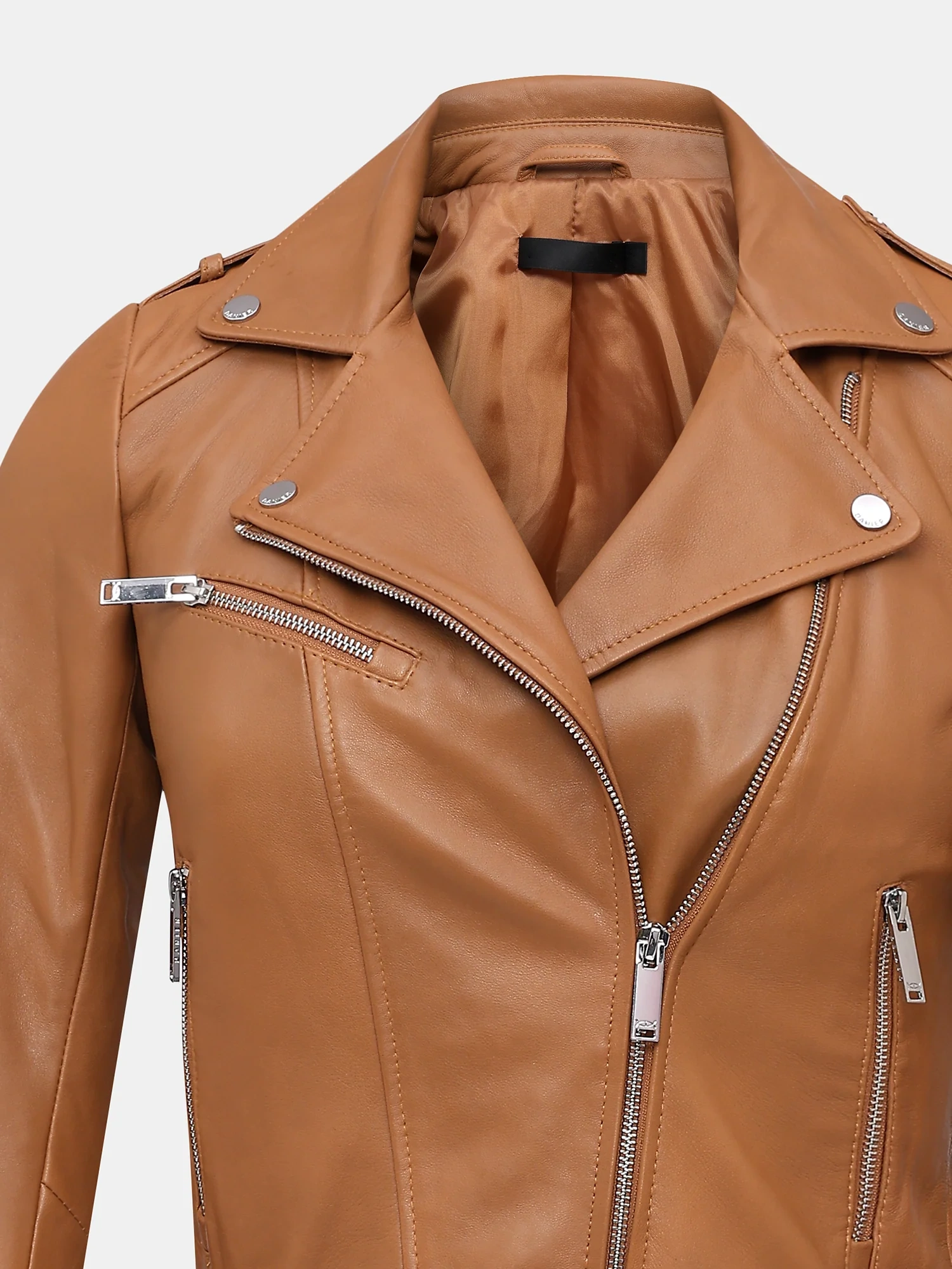 Caramel womens leather biker jacket lapel collar