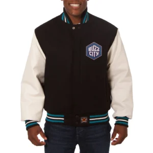 Charlotte hornets domestic two tone wool and leather jacket black white 1