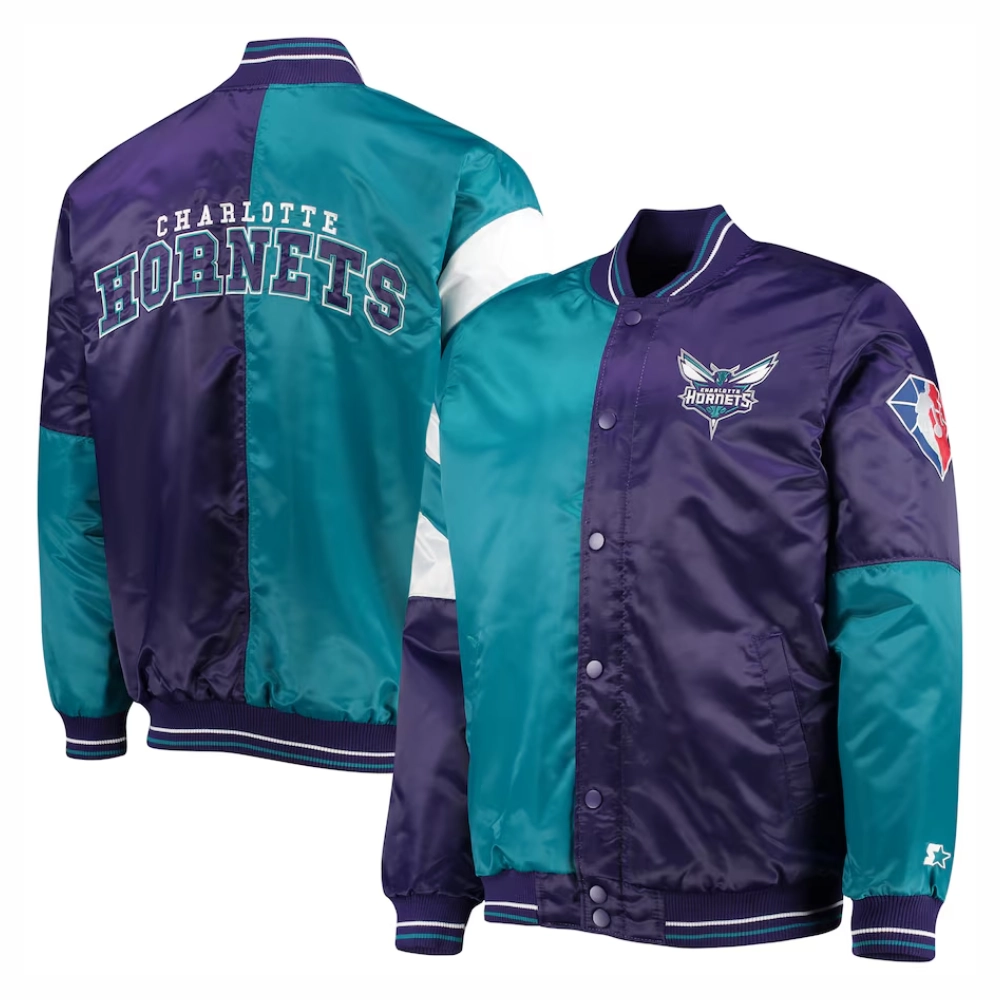 Charlotte hornets leader satin varsity jacket greenpurple 4