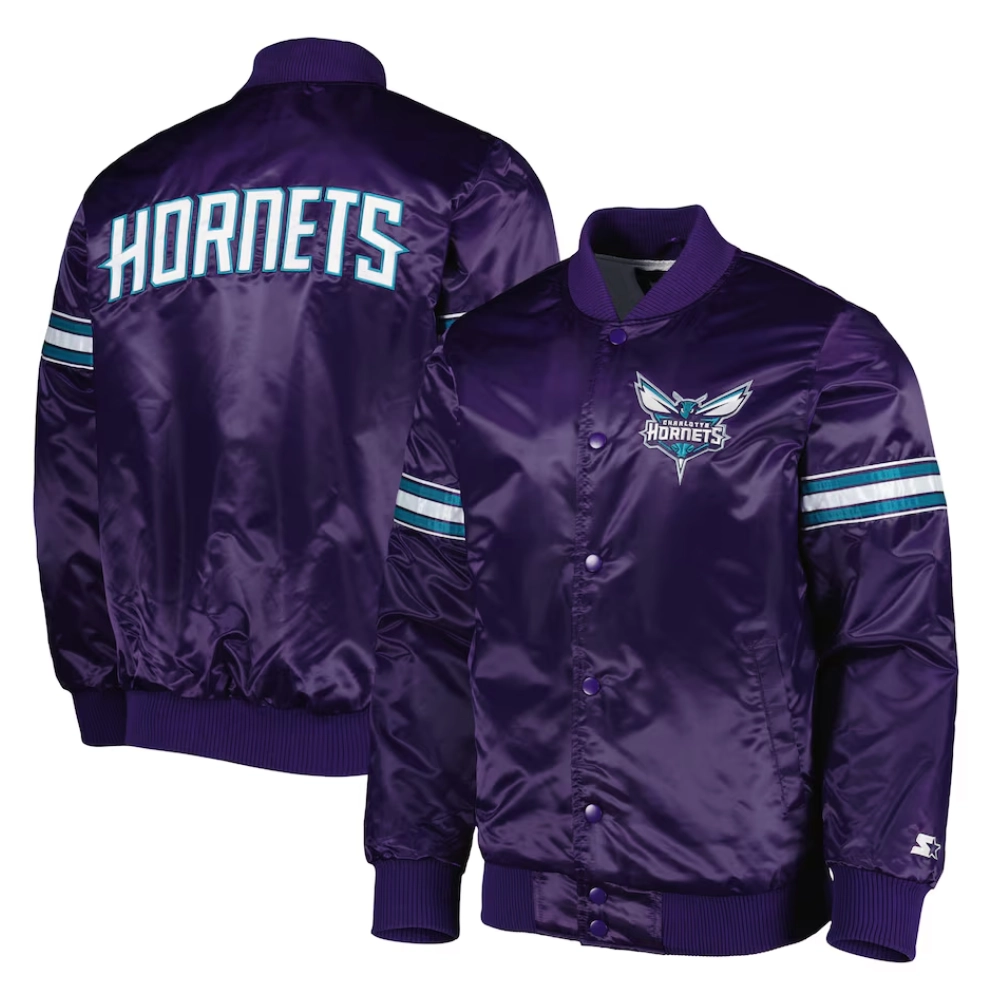 Charlotte hornets pick roll full snap satin varsity jacket purple 1