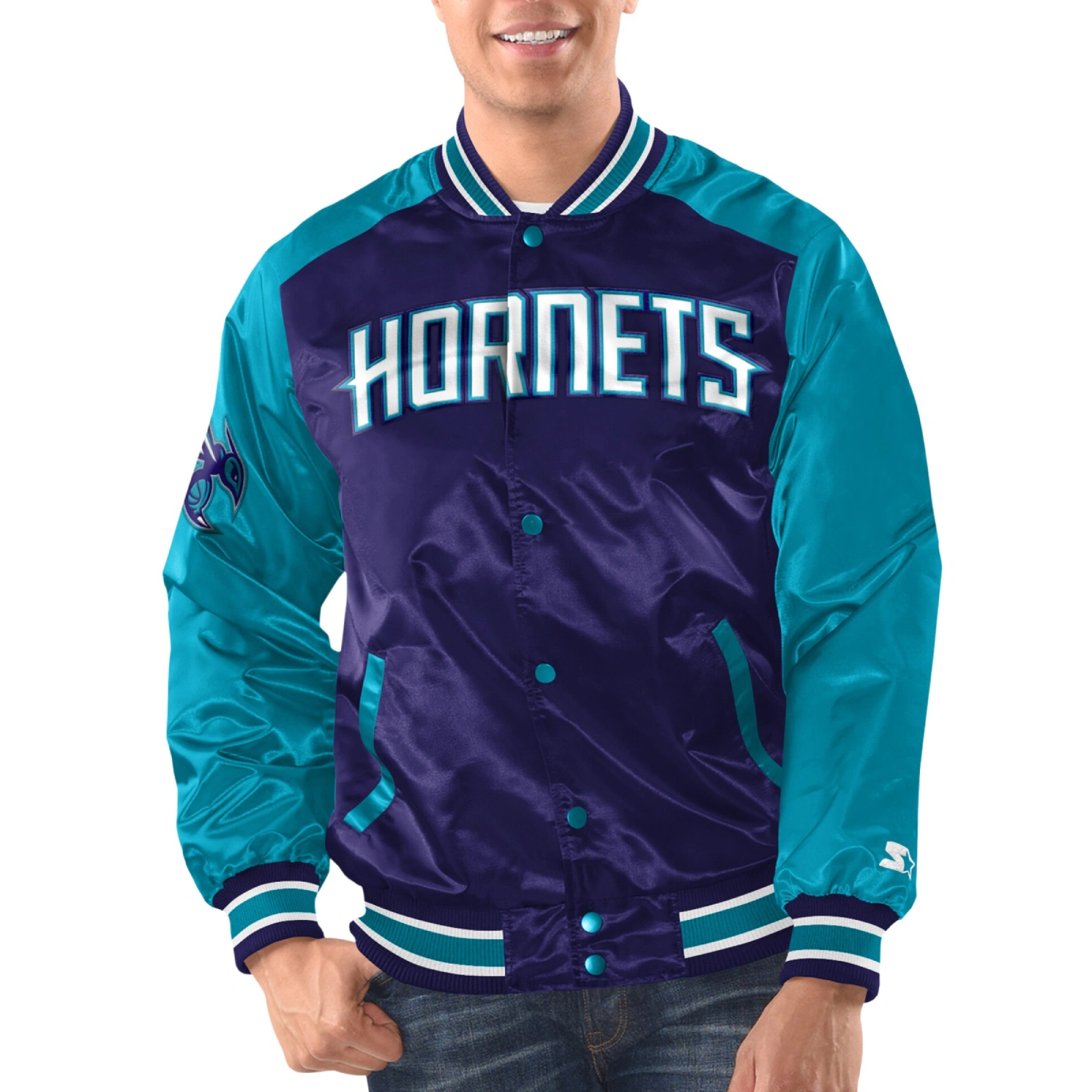 Charlotte hornets renegade satin varsity jacket purple teal 1