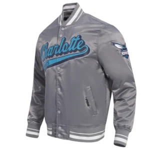 Charlotte hornets script tail full snap satin varsity jacket gray 5