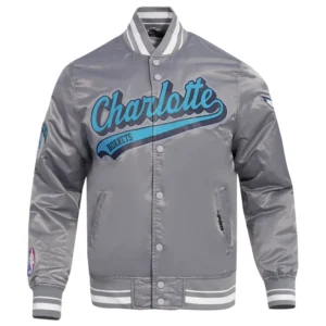 Charlotte hornets script tail full snap satin varsity jacket gray 6
