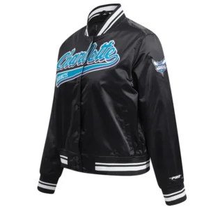 Charlotte hornets script tail womens full snap satin varsity jacket black 5
