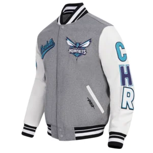 Charlotte hornets script tail wool leather varsity jacket grey white 5