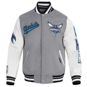 Charlotte hornets script tail wool leather varsity jacket grey white 6