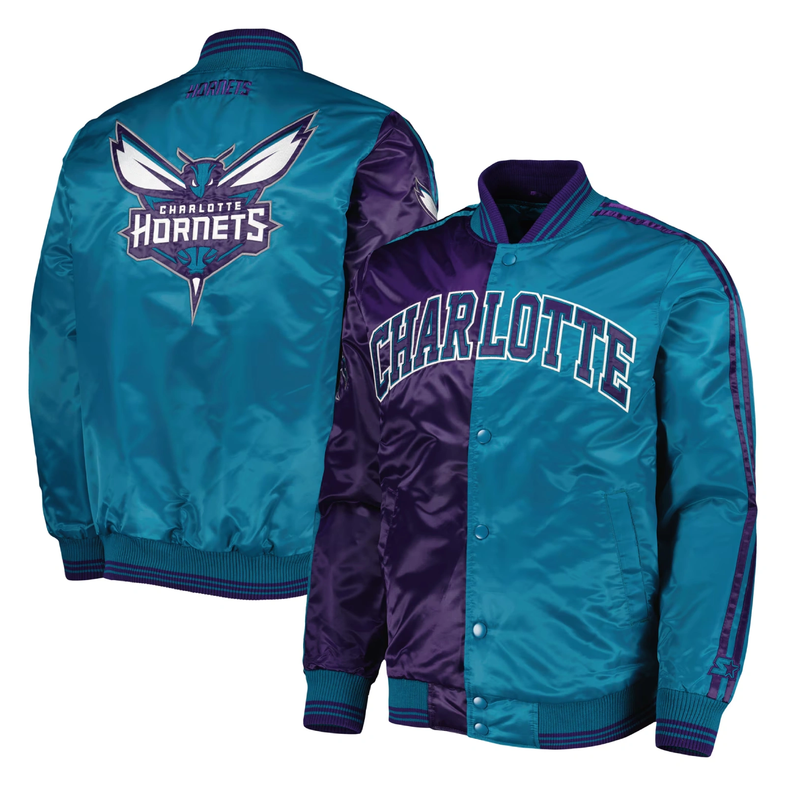 Charlotte hornets starter fast break satin varsity jacket purple teal 4