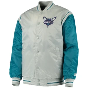 Charlotte hornets the enforcer varsity satin varsity jacket gray teal 1