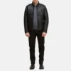 Chest yoke black leather moto jacket