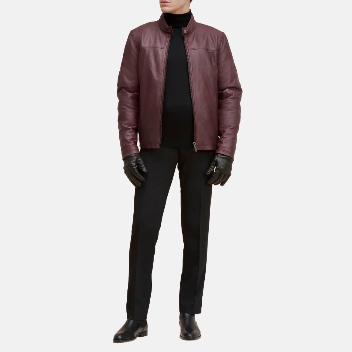 Chest yoke oxblood leather moto jacket