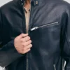 Chest zip pocket black leather jacket