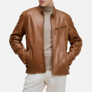 Chest zip pocket mens cognac leather moto jacket