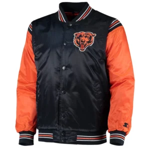 Chicago bears enforcer full snap satin varsity jacket navyorange 1